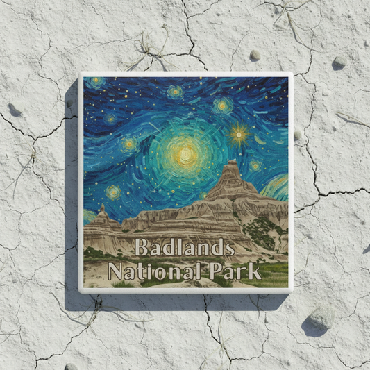 Artistic depiction of Badlands National Park under a starry night sky on a textured stone background.