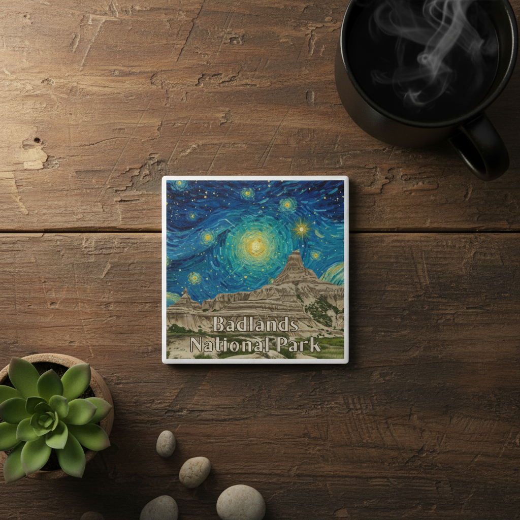 Coaster with Badlands National Park design on a wooden surface with a mug and plant.