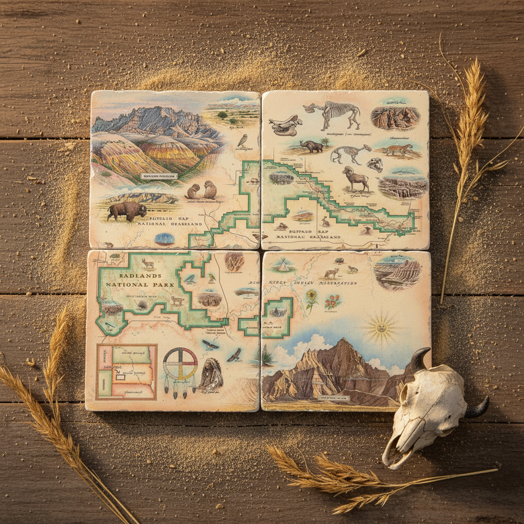 Four square illustrated coasters arranged in a 2x2 grid on a rustic wooden surface, surrounded by wheat stalks and a small animal skull. The coasters feature vintage-style maps and wildlife illustrations of Badlands National Park