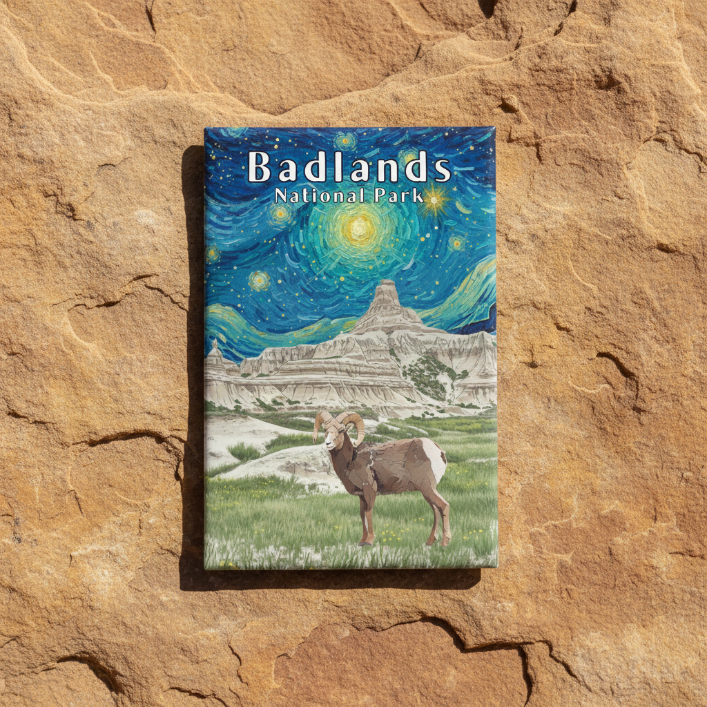 Fridge magnet with Badlands National Park design featuring a mountain and sheep on a rock background