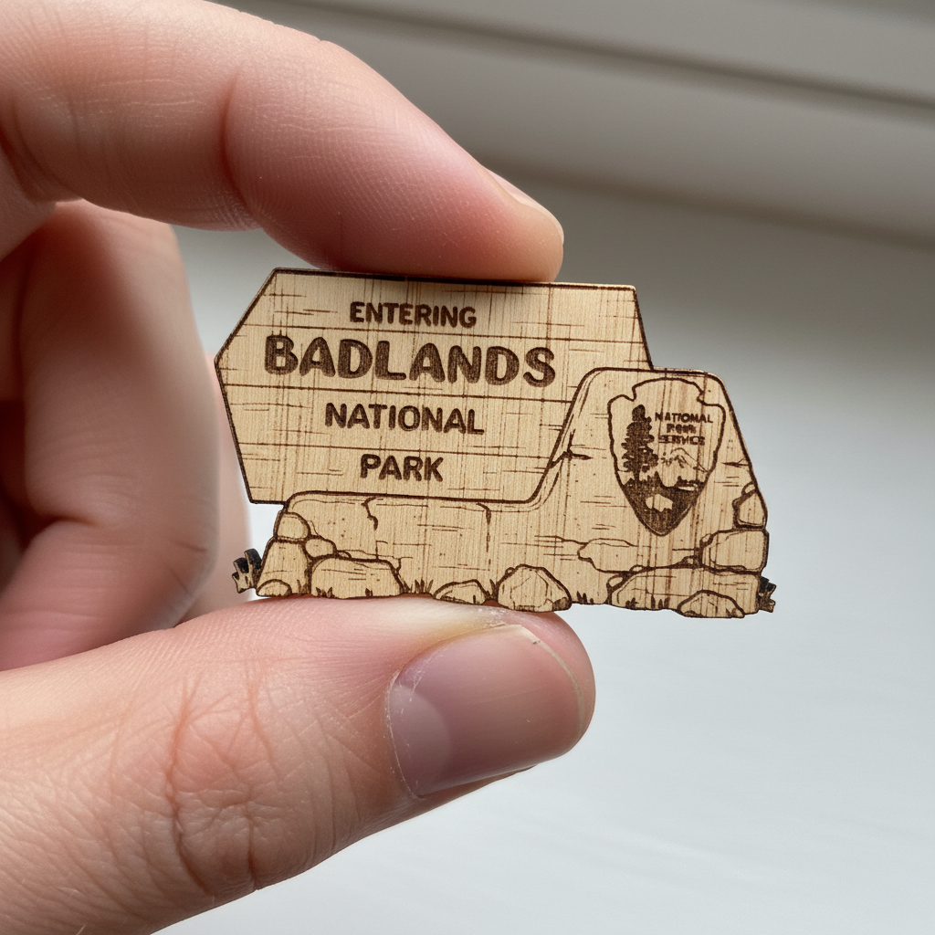 A hand holding a small wooden magnet shaped like the 'Entering Badlands National Park' sign, showing the engraved wood grain and text.