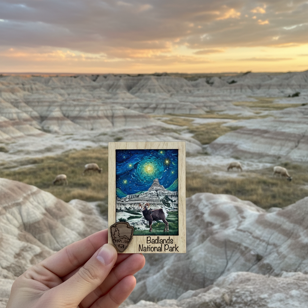 A hand holds a small wooden Badlands National Park magnet against a real outdoor badlands landscape at sunset, with pale rock formations and sheep in the background.