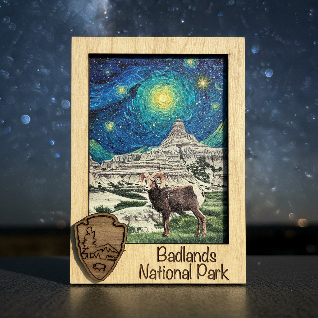 A wooden framed magnet art print of Badlands National Park, featuring a starry night sky with a bright yellow galaxy, a bighorn sheep, and the text 'Badlands National Park' on a light wood background.