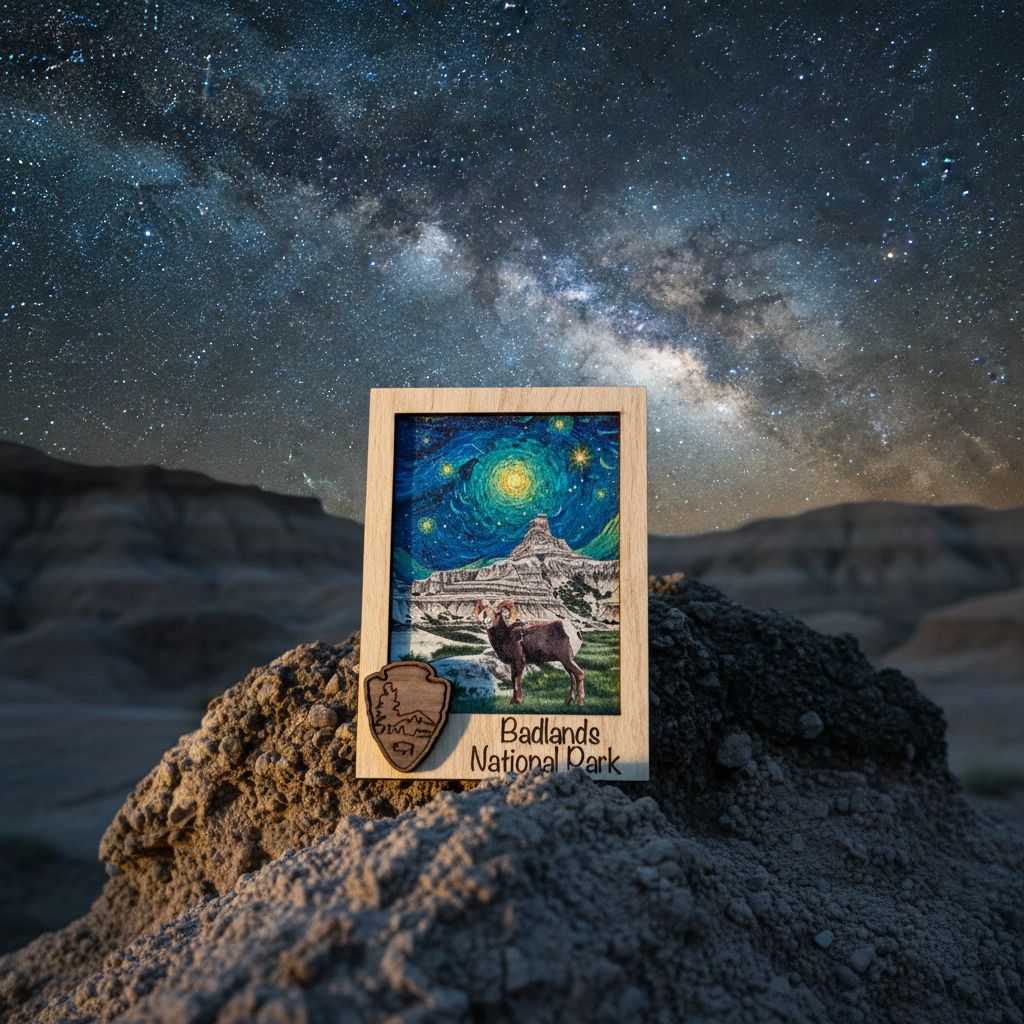 A framed Badlands National Park magnet featuring a painted bighorn sheep and landscape under a swirling blue sky, displayed on a rock with a small wooden park sign in front, against a night-sky backdrop with the Milky Way.