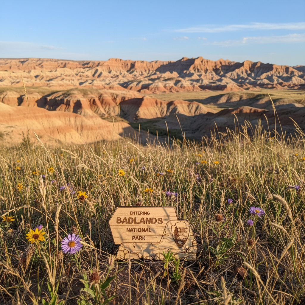 A wooden park magnet reading 'Entering Badlands National Park' placed in tall dry grass with wildflowers, with layered red rock badlands mountains in the background under a blue sky.