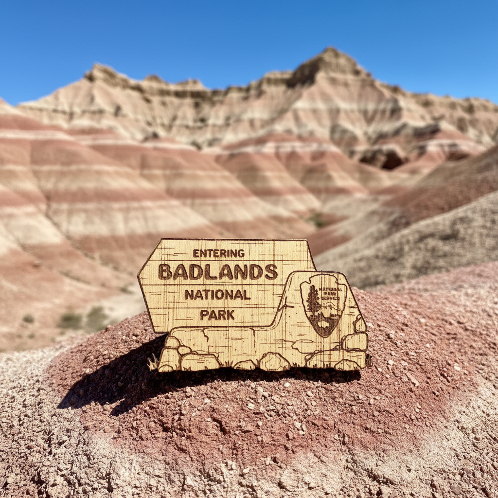 A small wooden magnet shaped like the Badlands National Park entrance sign, engraved with 'ENTERING BADLANDS NATIONAL PARK' and the park seal, placed outdoors on reddish desert soil with layered badlands mountains blurred in the background under a blue sky.