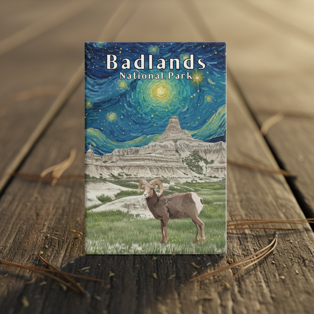 Badlands National Park magnet with a starry night design and ram illustration on a wooden surface.