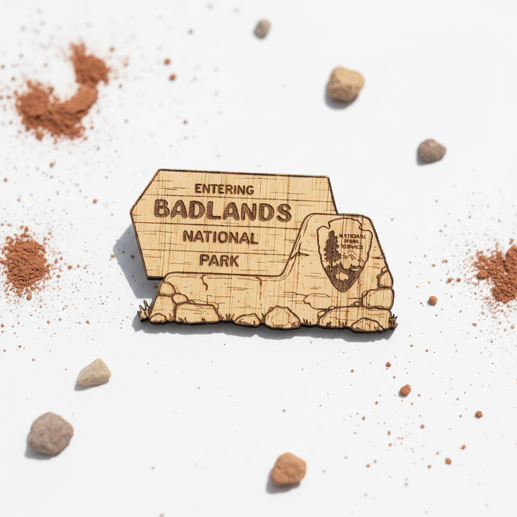 A laser-cut wooden magnet shaped like an 'Entering Badlands National Park' sign, displayed on a white surface with scattered small rocks and brown sand.