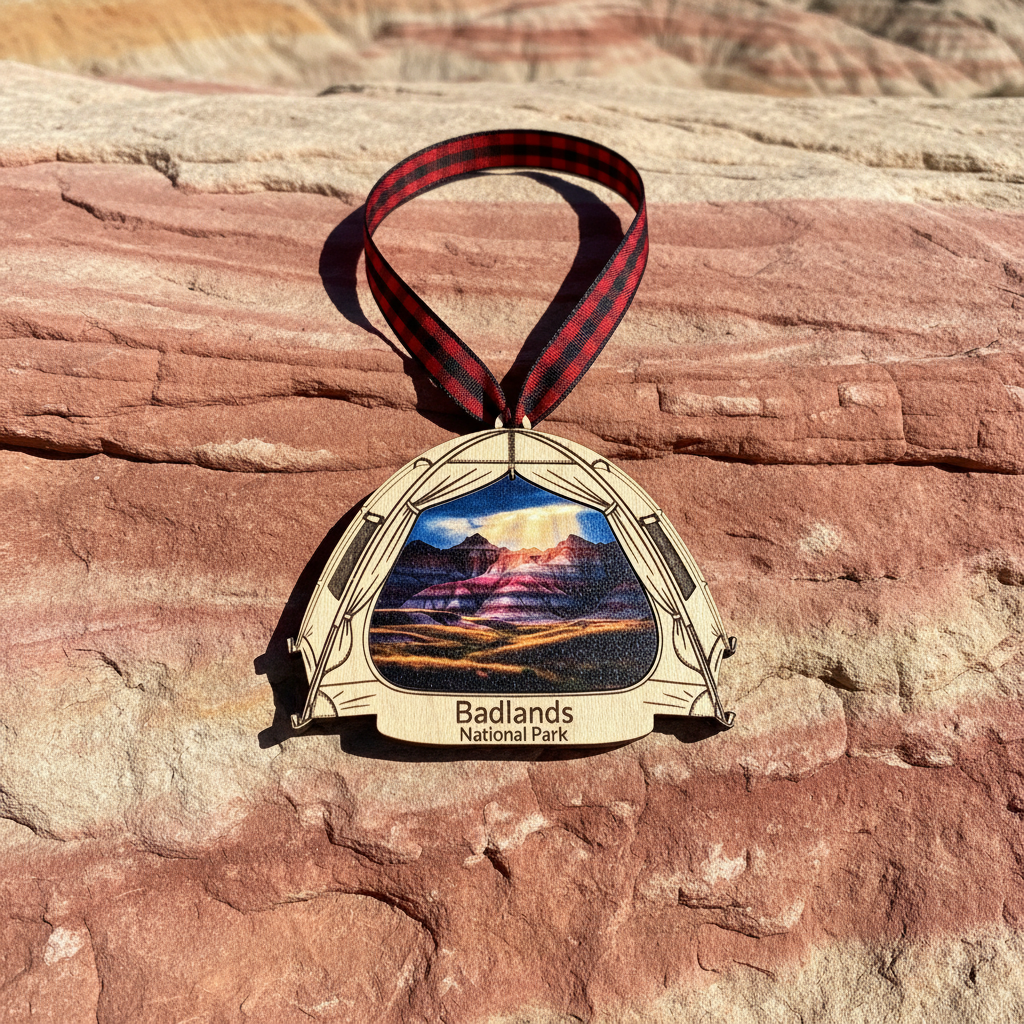 A wooden Badlands National Park ornament shaped like a tent, featuring a colorful landscape photo in the center and a red-and-black plaid ribbon, displayed on a red rock surface.