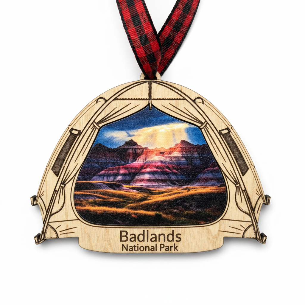 A wooden camping-themed ornament shaped like a tent opening, featuring a printed landscape of Badlands National Park with mountains and sunset colors, hanging from a red and black plaid ribbon on a white background.