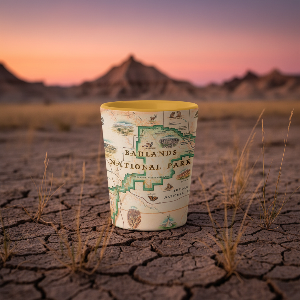 A cylindrical shot glass printed with a vintage-style map of Badlands National Park, placed on cracked dry ground with blurred mountains and a pink-orange sunset sky in the background.