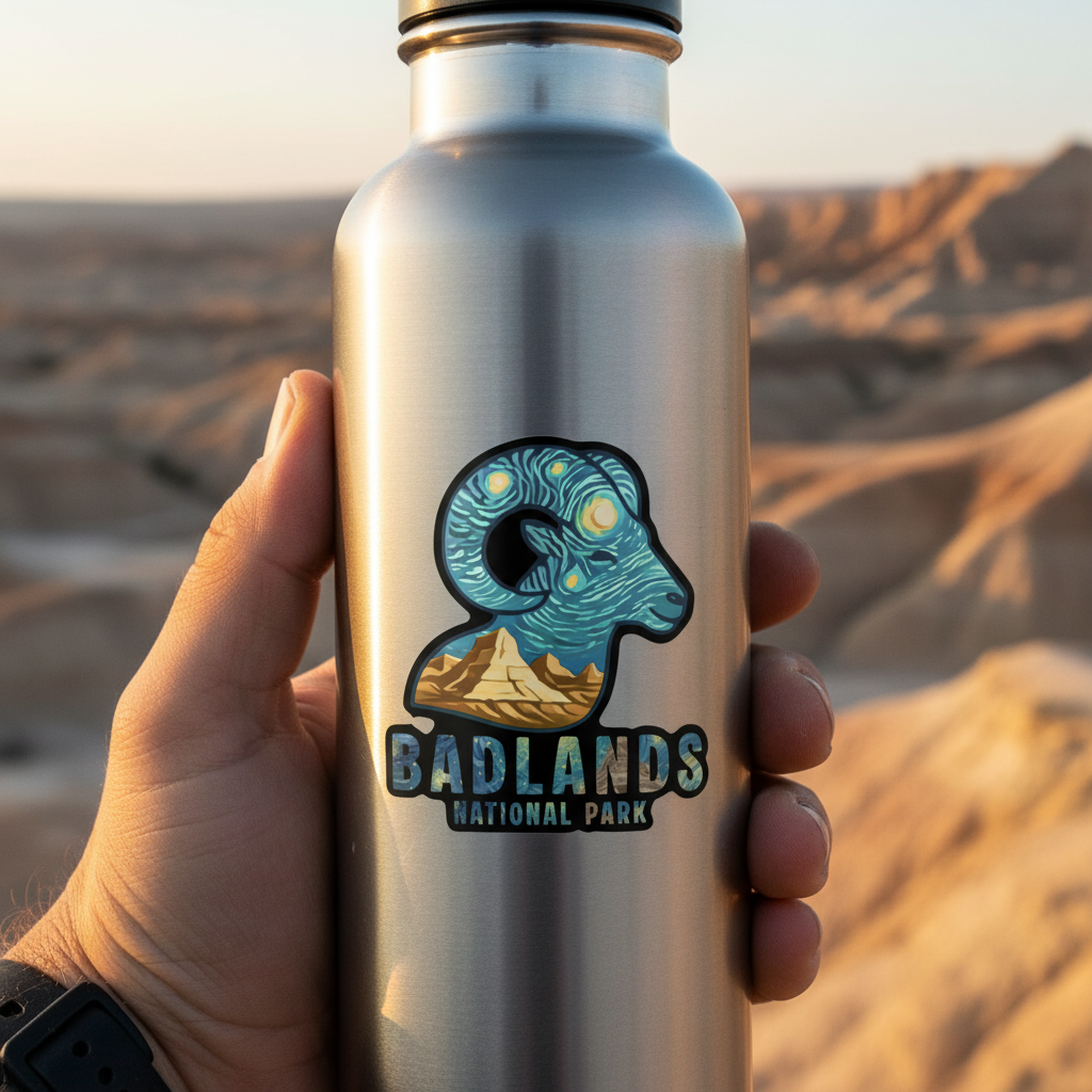 Badlands Sticker on Water Bottle - Golden Hour