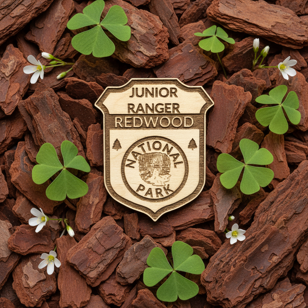 A wooden Junior Ranger Redwood National Park badge is displayed flat on a bed of reddish-brown wood chips, surrounded by green four-leaf clovers and small white flowers.