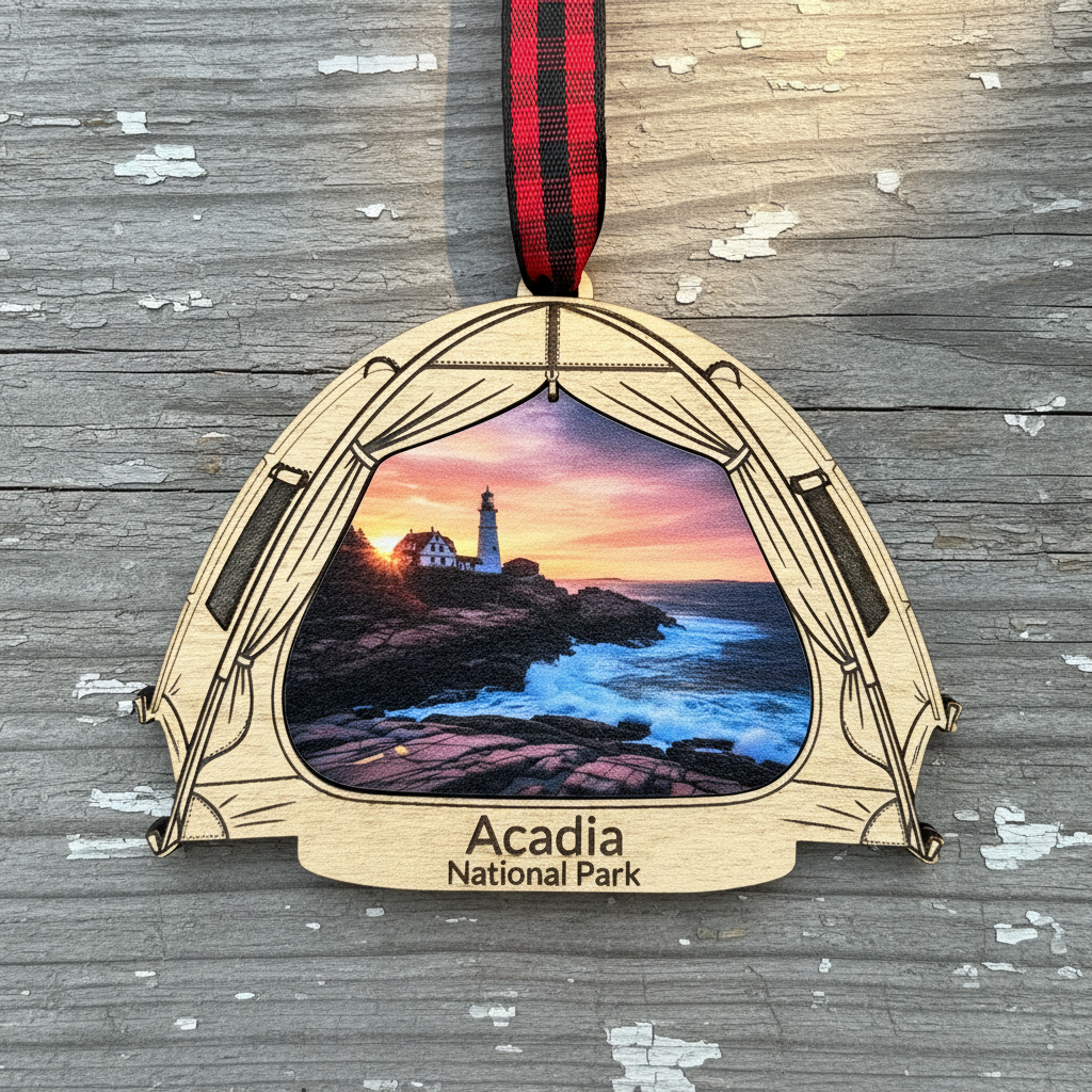 A wooden Acadia National Park ornament shaped like a tent, featuring a printed lighthouse scene with a sunset sky and ocean. The ornament hangs from a red and black plaid ribbon on a weathered gray wood background.