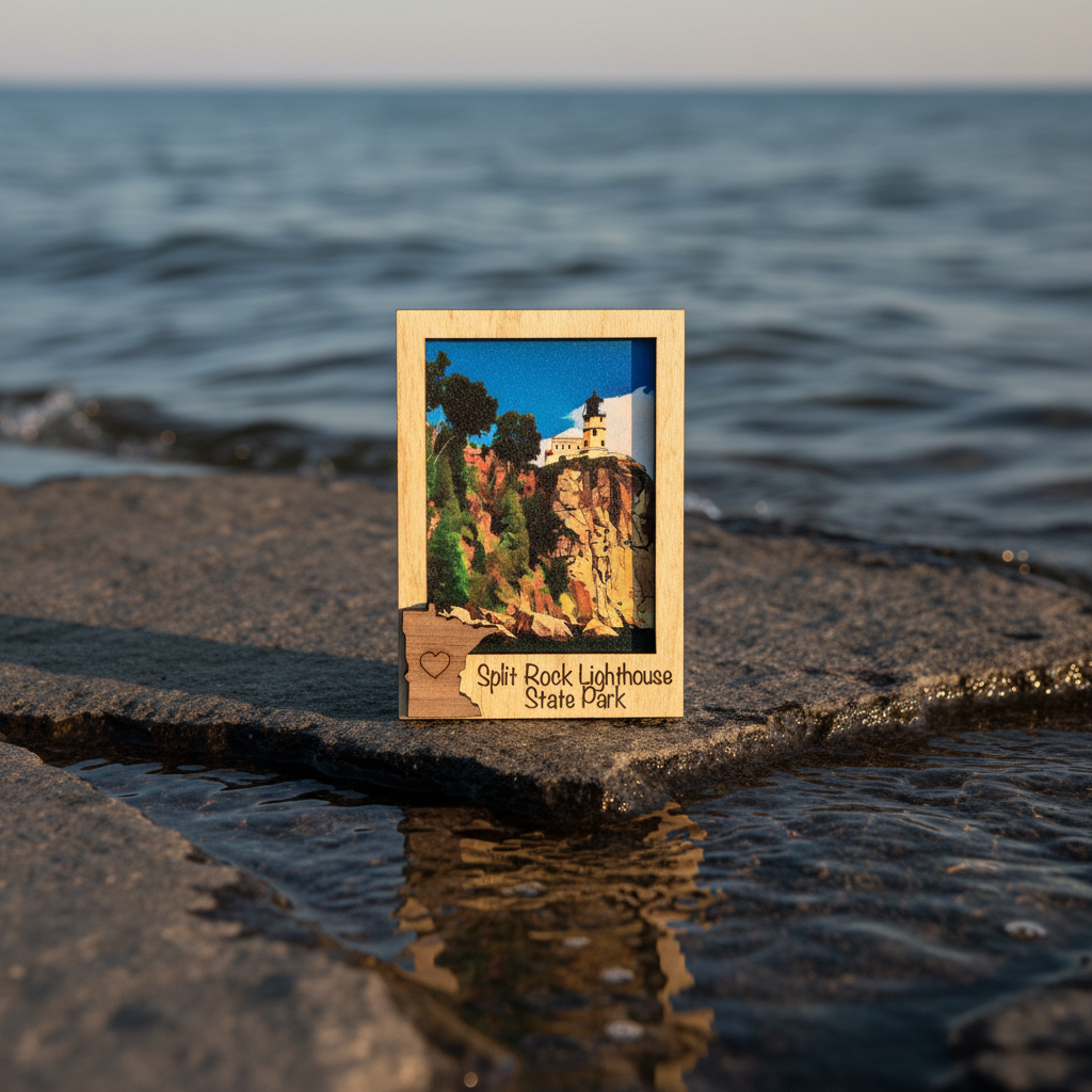A small wooden magnet featuring a photo of the Split Rock Lighthouse in Minnesota, set on wet rocks with Lake Superior in the background.