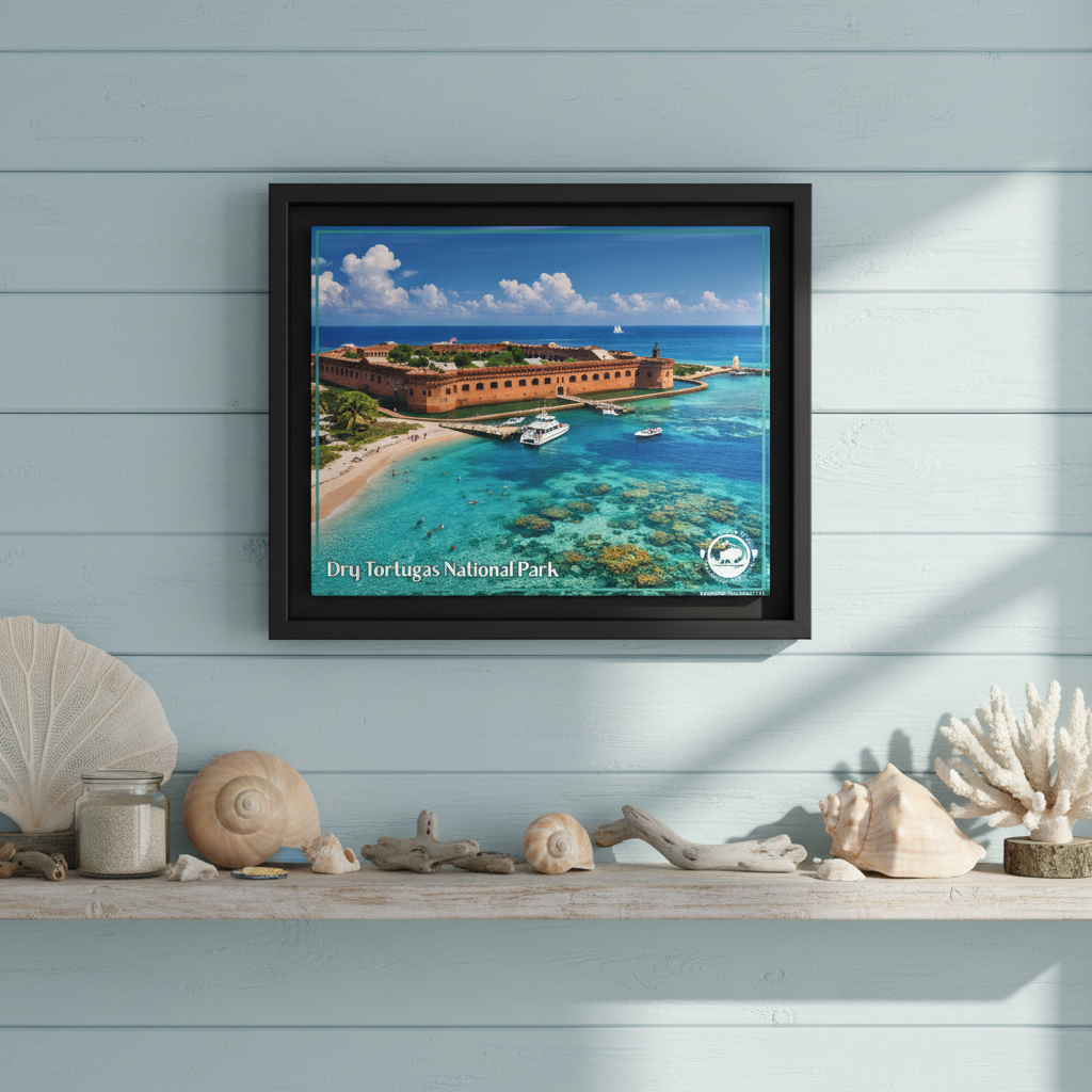 Dry Tortugas National park canvas print in a black frame on a beach themed slat wall with sea shells.