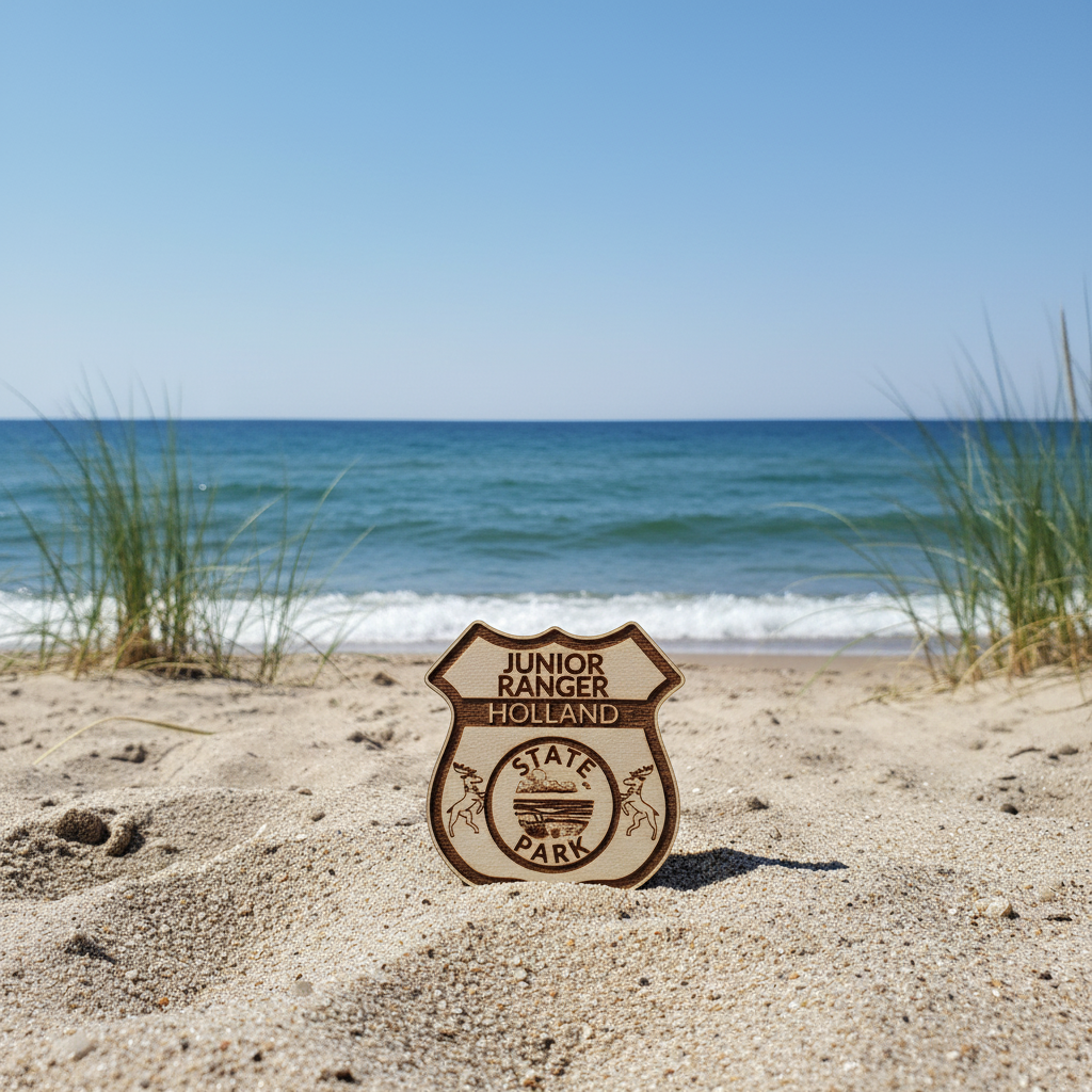 Junior Ranger badge on a sandy beach with ocean and sky in the background
