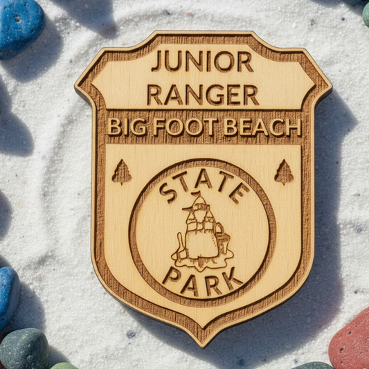 Wooden badge with 'Junior Ranger Big Foot Beach State Park' text on a sandy background