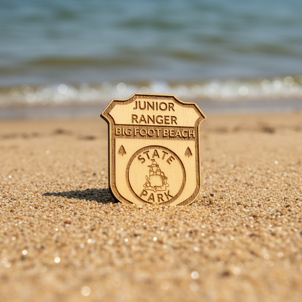 Junior Ranger badge on a sandy beach with lake in the background