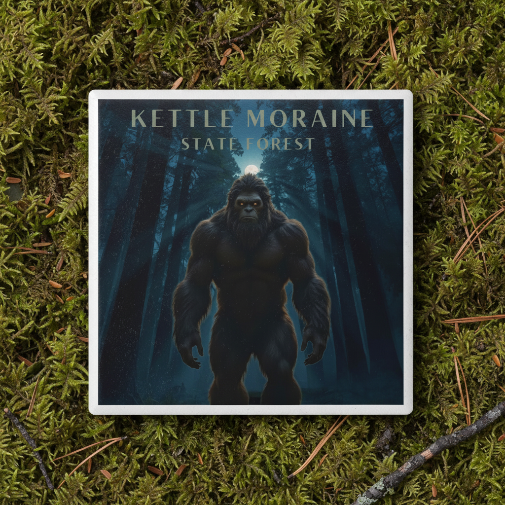 Ceramic coaster with a big foot design and the text Kettle Moraine State Forest on a mossy forest floor background.