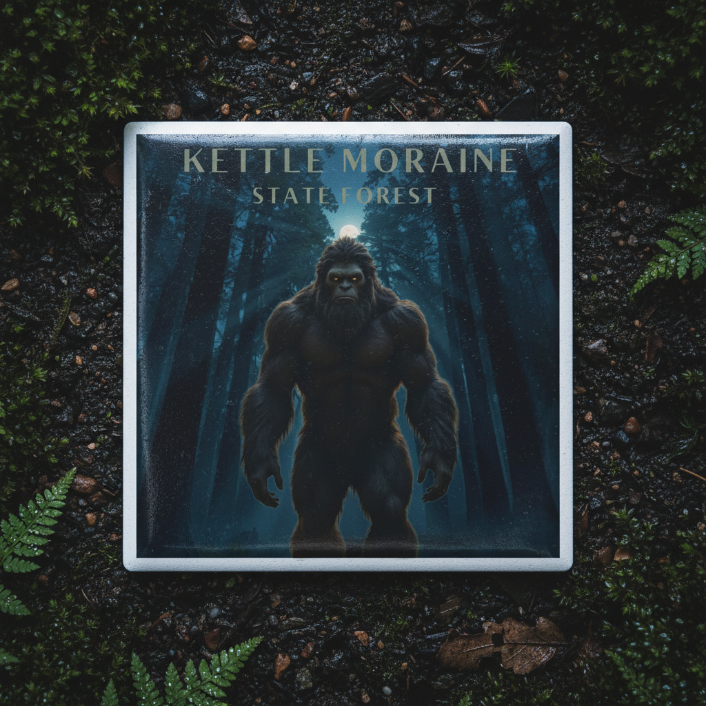 Ceramic coaster with a bigfoot design and 'Kettle Moraine State Forest' text on a dark forest background.