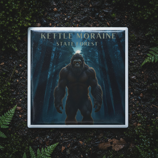 Ceramic coaster with a bigfoot design and 'Kettle Moraine State Forest' text on a dark forest background.