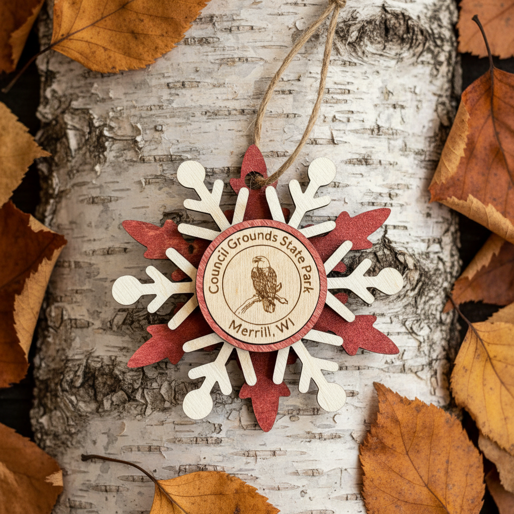 Decorative snowflake ornament with 'Council Grounds State Park Merrill, WI' on a wooden background with autumn leaves.