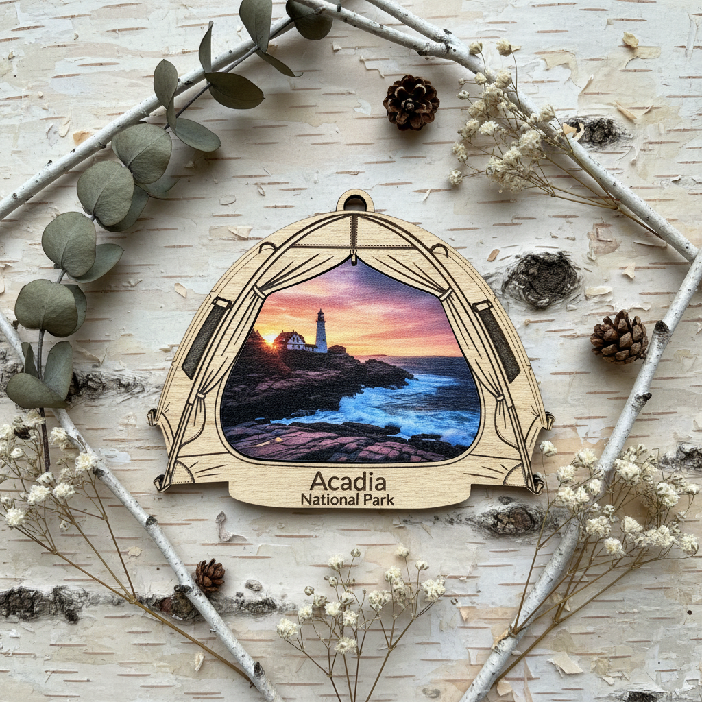 A decorative wooden ornament featuring a scenic print of Acadia National Park with a lighthouse at sunset, surrounded by birch branches, eucalyptus leaves, pinecones, and dried white flowers on a light wood surface.