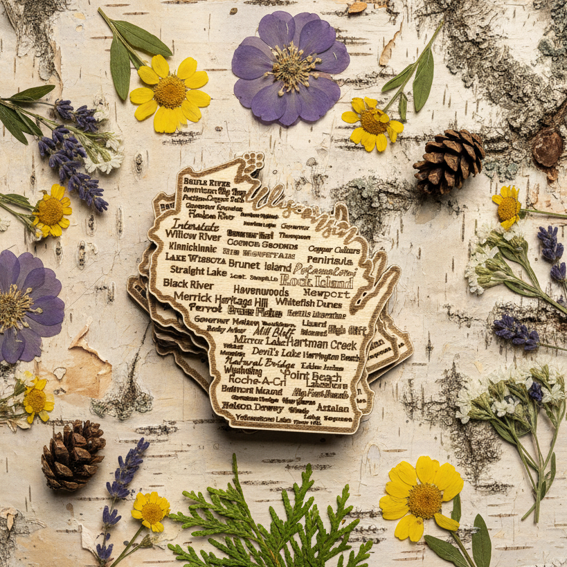 Wisconsin park and forest magnet with pressed flowers and leaves on a textured surface