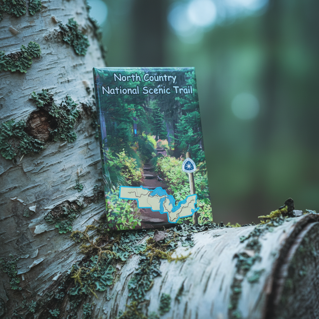 North country Trail magnet sitting on a birch log in the forest.