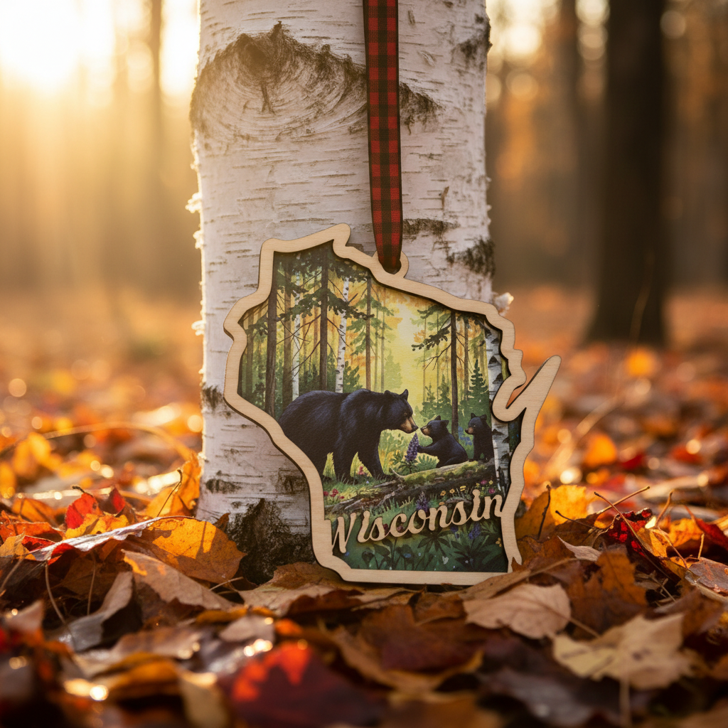 A Wisconsin-shaped ornament with a printed forest scene and the word 'Wisconsin' hangs from a red-and-black plaid ribbon against a birch tree in an autumn forest with fallen leaves.