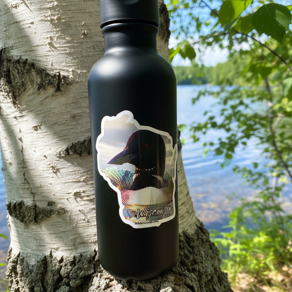 Black water bottle with a colorful sticker on a tree trunk by a lake