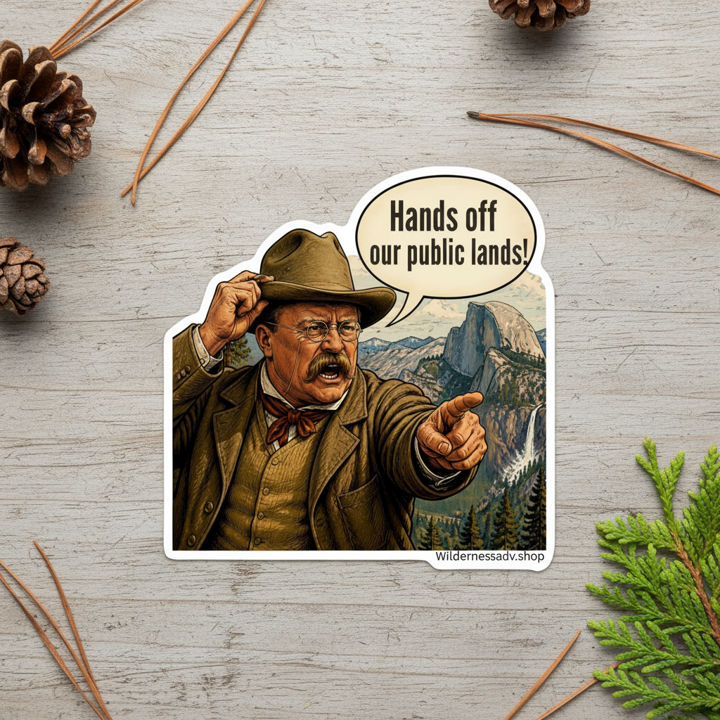 A die-cut sticker featuring a vintage illustration of a stern Teddy Roosevelt pointing with his finger, with a speech bubble that reads 'Hands off our public lands!'. The sticker is displayed on a light gray wood background decorated with pine cones, pine needles, and green pine branches.
