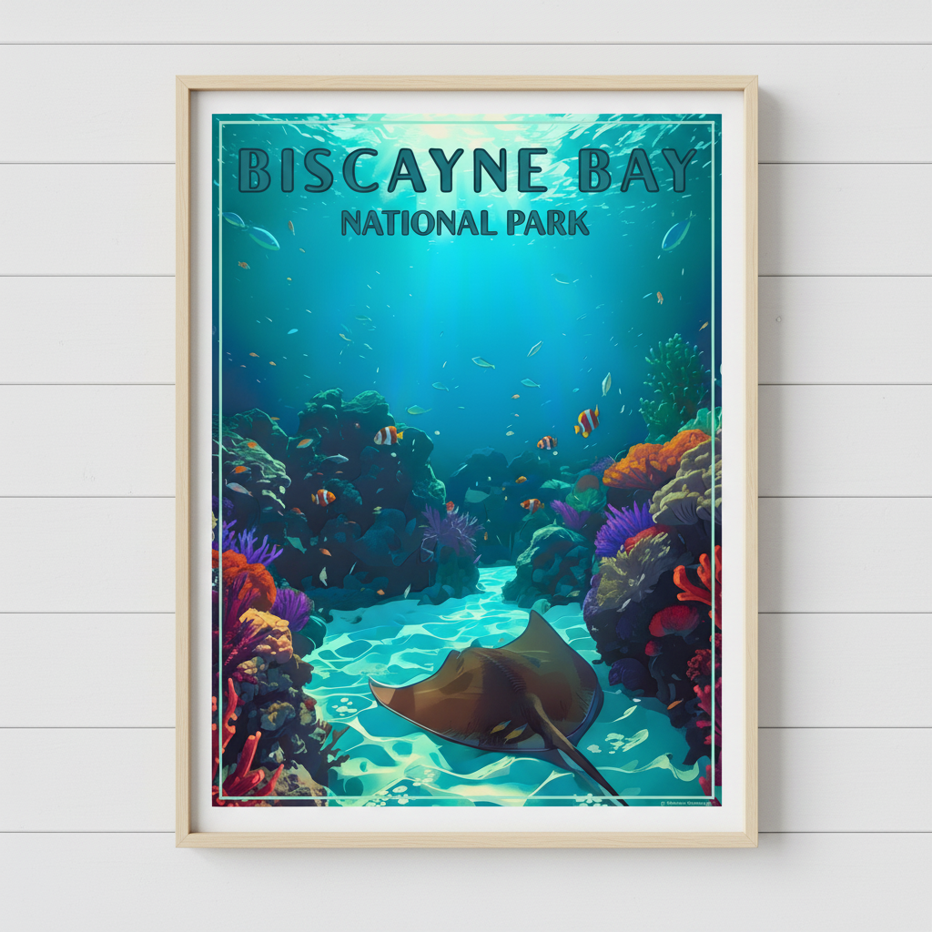 Framed poster of Biscayne Bay National Park with an underwater scene.