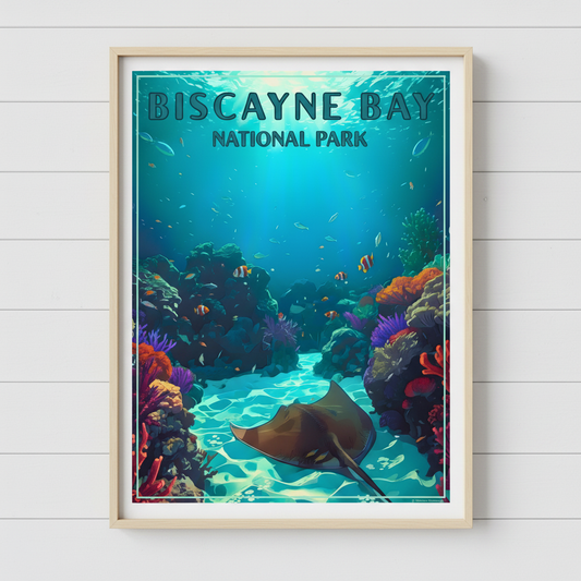 Framed poster of Biscayne Bay National Park with an underwater scene.
