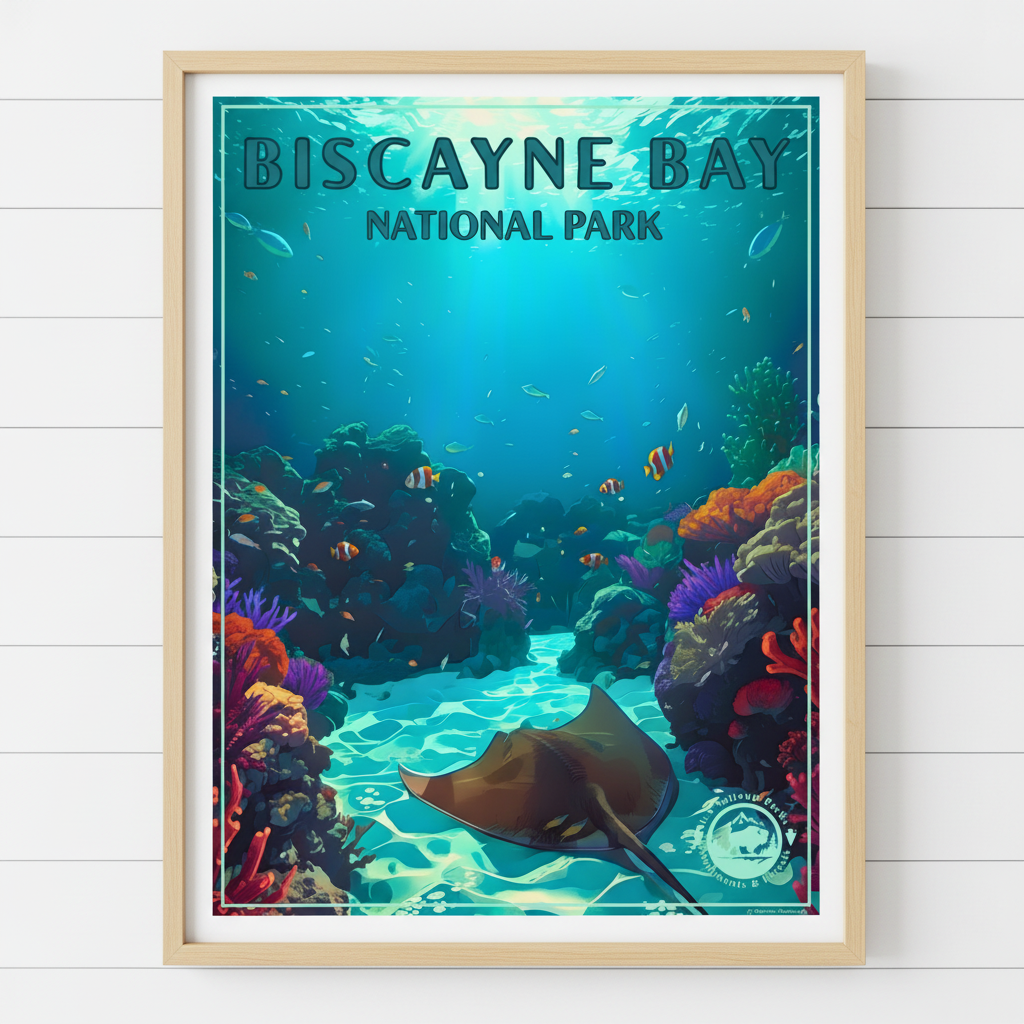 Framed poster of Biscayne Bay National Park with an underwater scene, including a stingray and colorful coral.