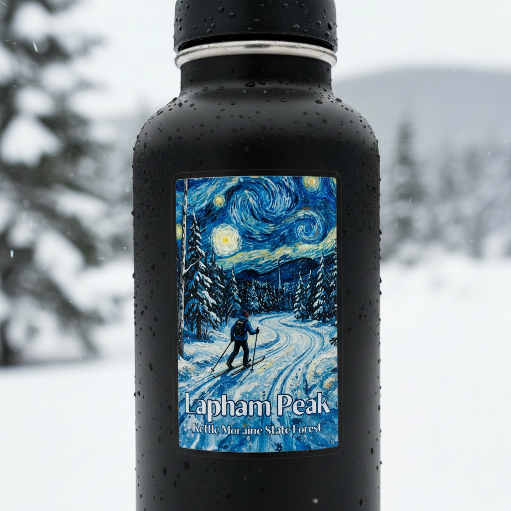 Black water bottle with a snowy landscape sticker against a snowy background