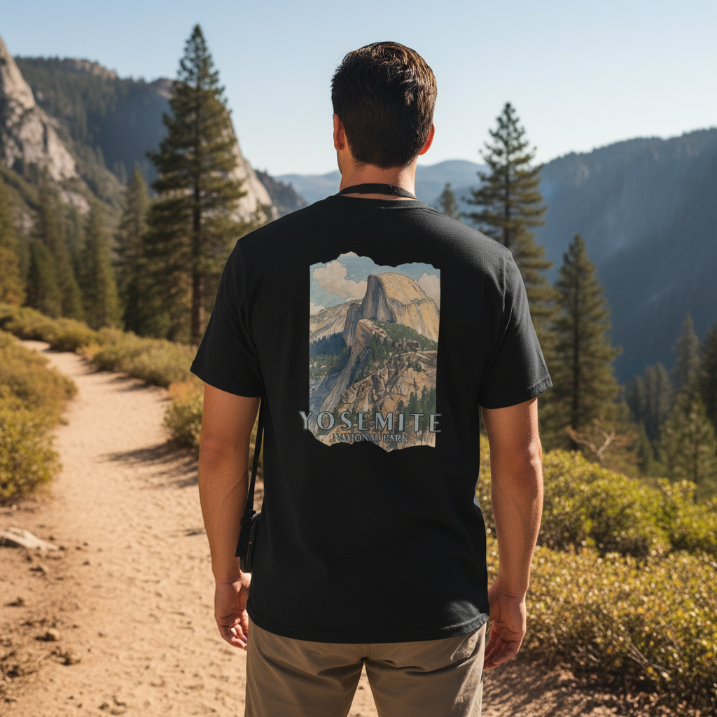 Person wearing a black t-shirt with a Yosemite National Park graphic in a mountainous landscape.