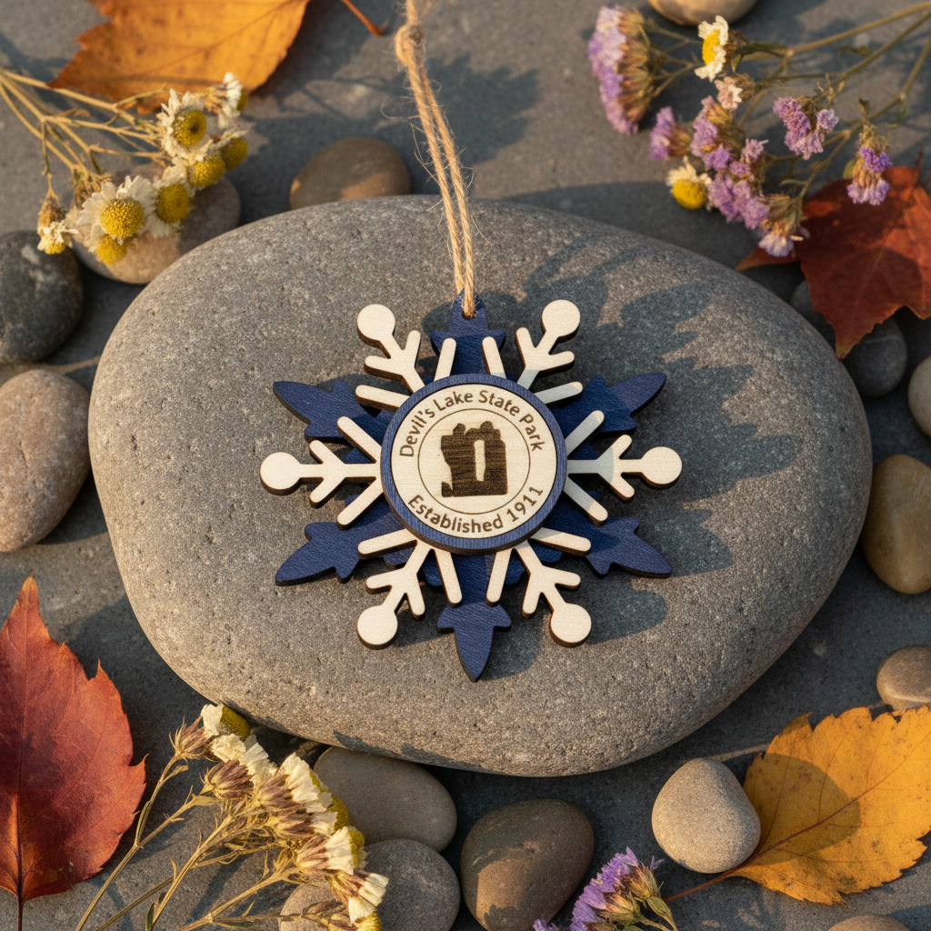 Decorative snowflake ornament on a stone with autumn leaves and flowers.