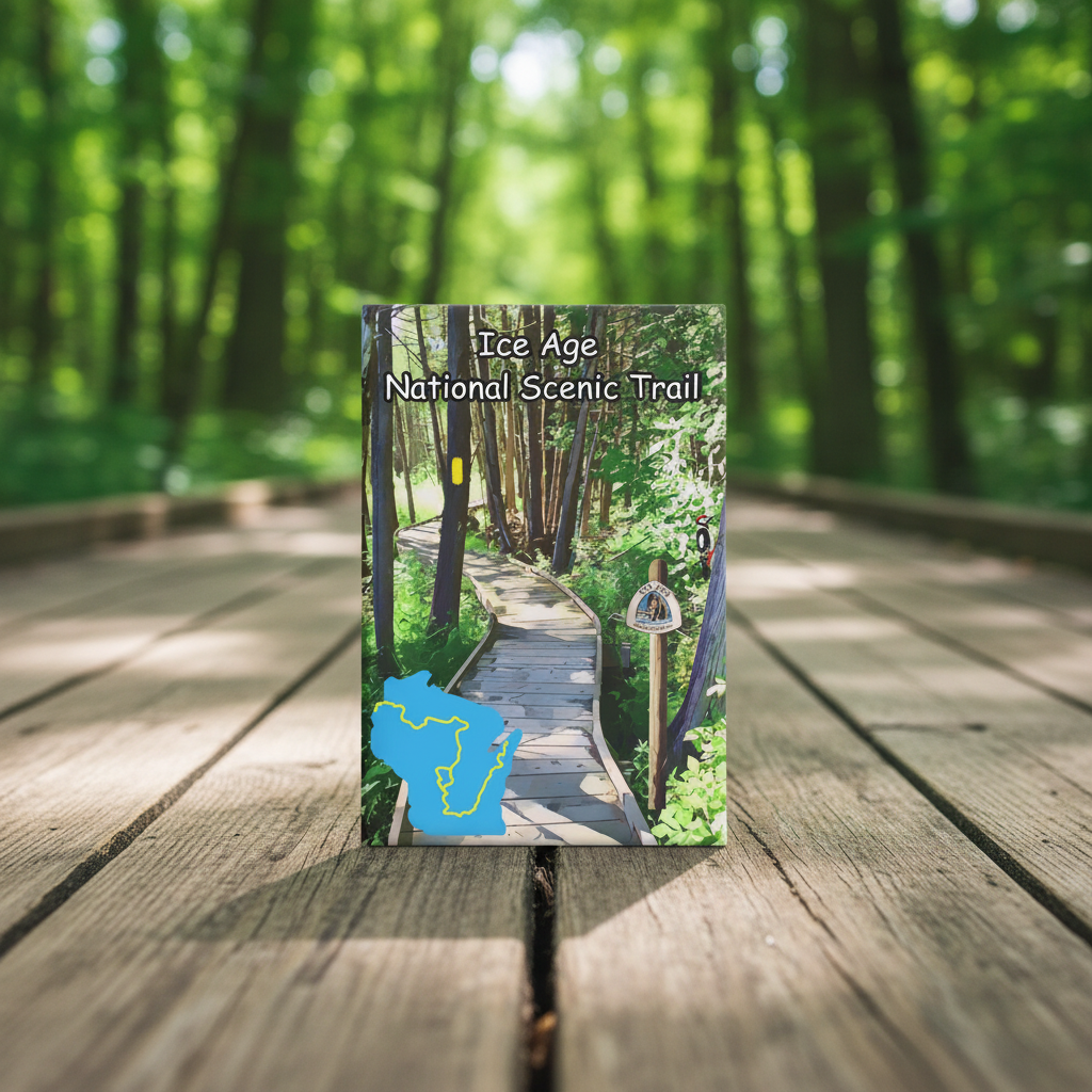Ice Age trail magnet sitting on a boardwalk in the forest