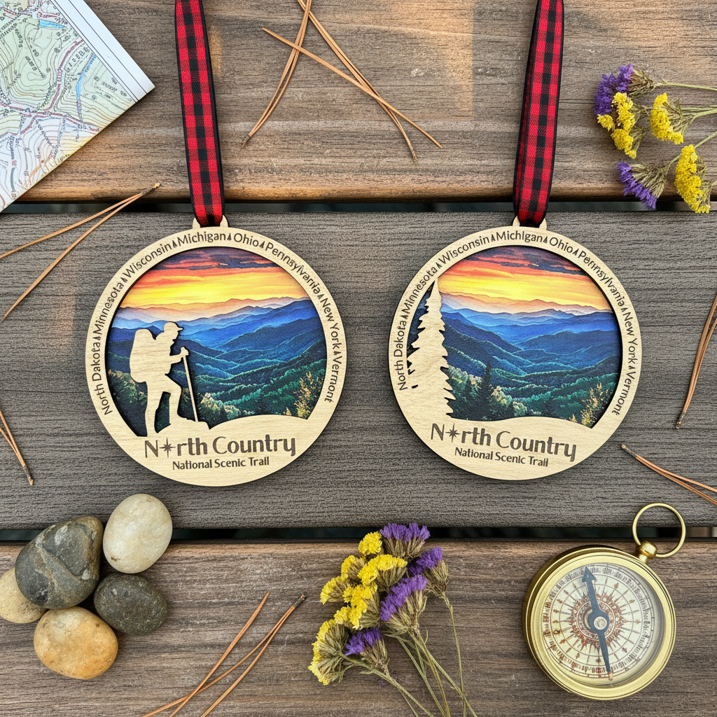 Two North Country Trail Ornament laying on wood boards with natural elements and a compass