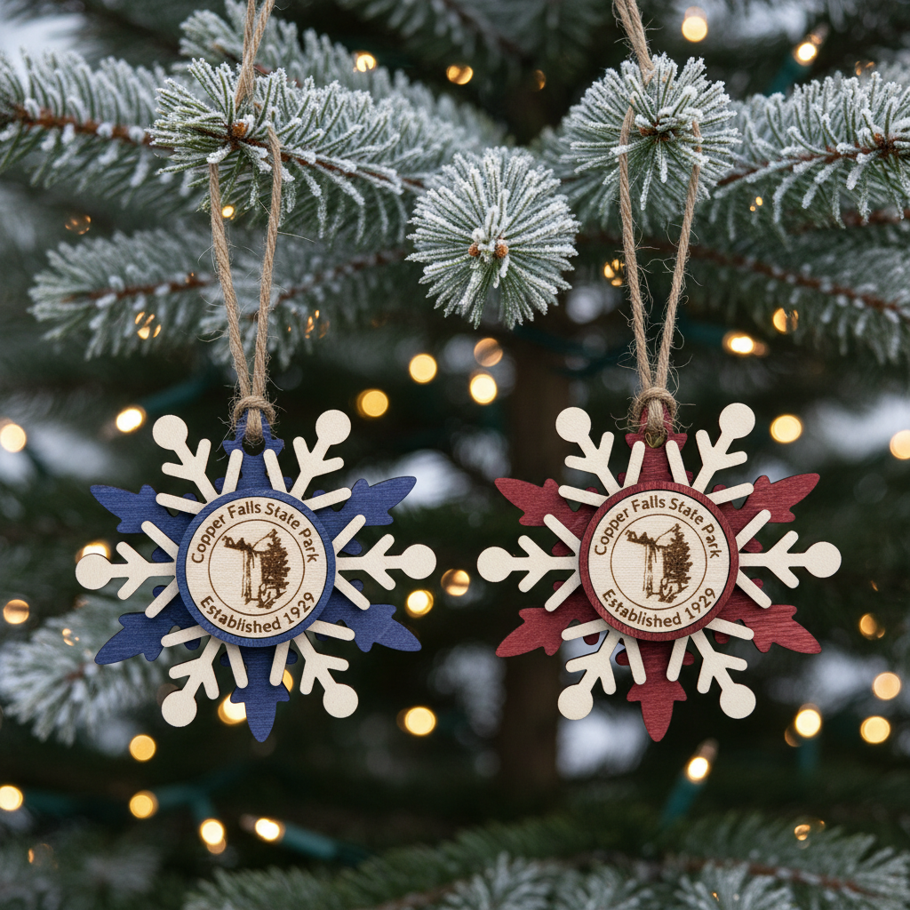 Two snowflake-shaped ornaments with 'Copper Falls State Park' logo hanging on a Christmas tree.