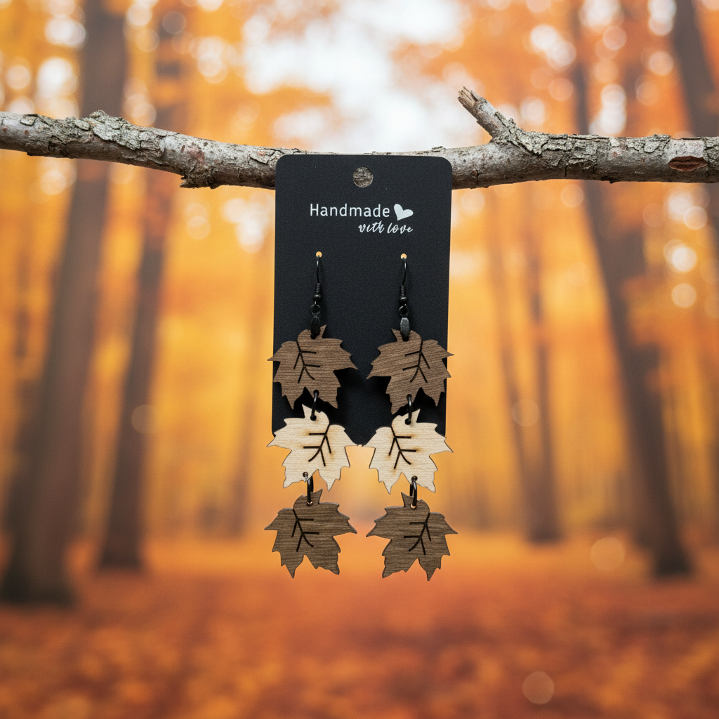 Pair of leaf-shaped earrings on a 'Handmade with Love' card against an autumn forest background.