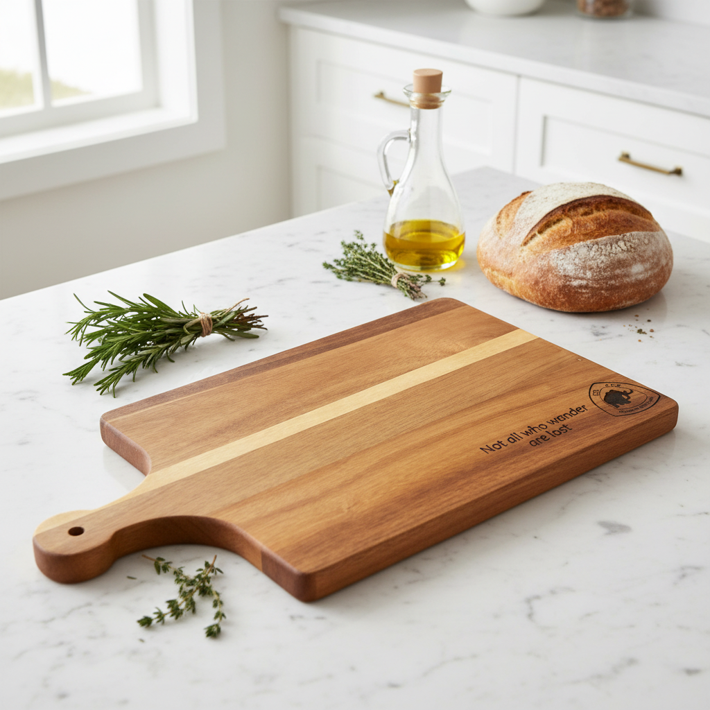 Wooden cutting board with engraved text on a marble countertop with bread and herbs.