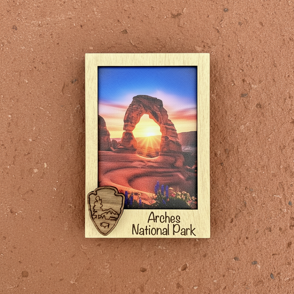 A rectangular wooden magnet featuring a photo of Delicate Arch National Park at sunset, with a laser-engraved park shield logo and the text 'Arches National Park' on a tan stucco wall.