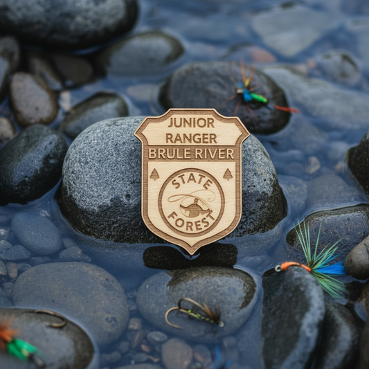Wooden badge with 'Junior Ranger Brule River State Forest' on a stone with fishing flies.