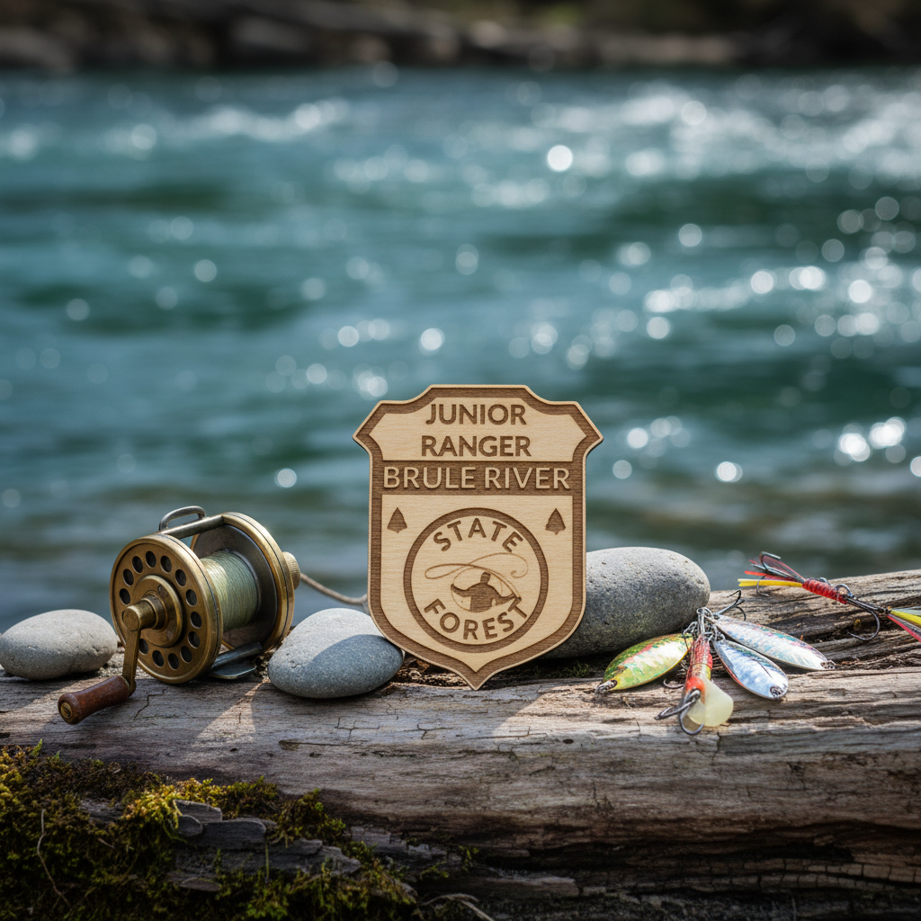 Junior Ranger badge from Brule River State Forest with fishing reel and lures on a log by a river.