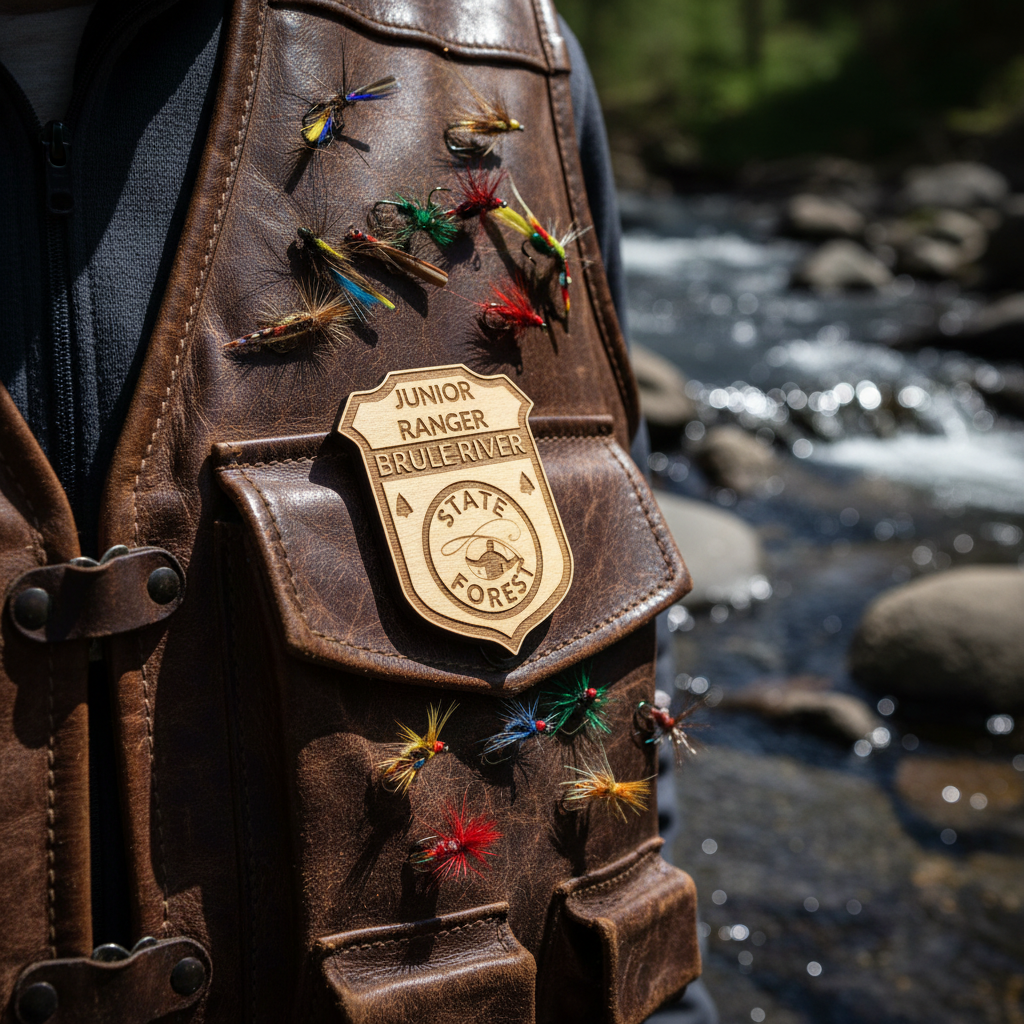Brown leather vest with fly fishing lures and a Junior Ranger badge by a river.