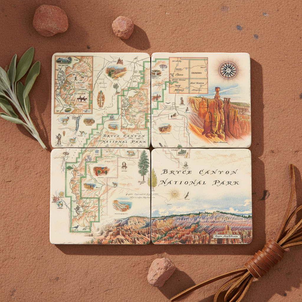 Four square coasters arranged in a 2x2 grid on a sandy surface, each printed with a vintage-style map or scenic illustration related to Bryce Canyon National Park. The coasters are styled with small rocks, a green sprig, and a leather strap around them.