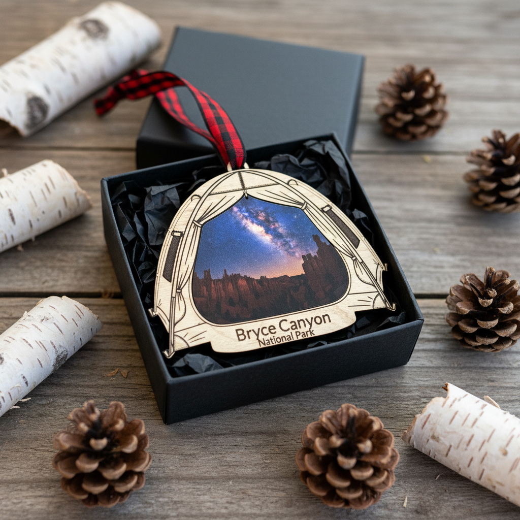 A personalized Bryce Canyon National Park ornament displayed in an open black gift box on a rustic wooden surface, surrounded by birch logs, pinecones, and a red-and-black plaid ribbon.
